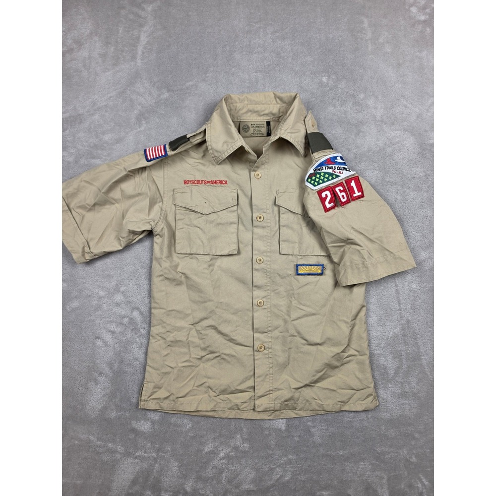 Boy Scouts of America Uniform Shirt Kids Youth Medium Tan Patches Short Sleeve